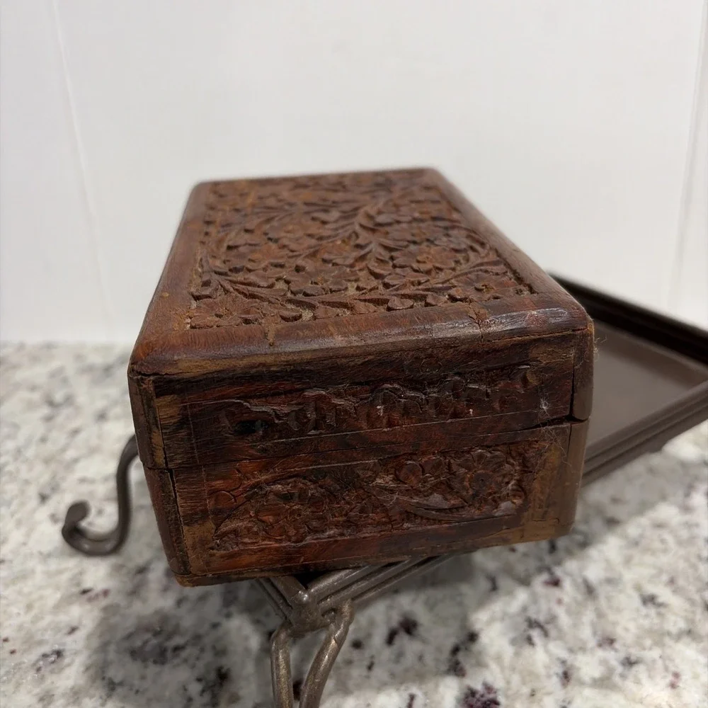 Vintage Carved Wood Jewelry Trinket Box Purple Velvet Lining Handcrafted